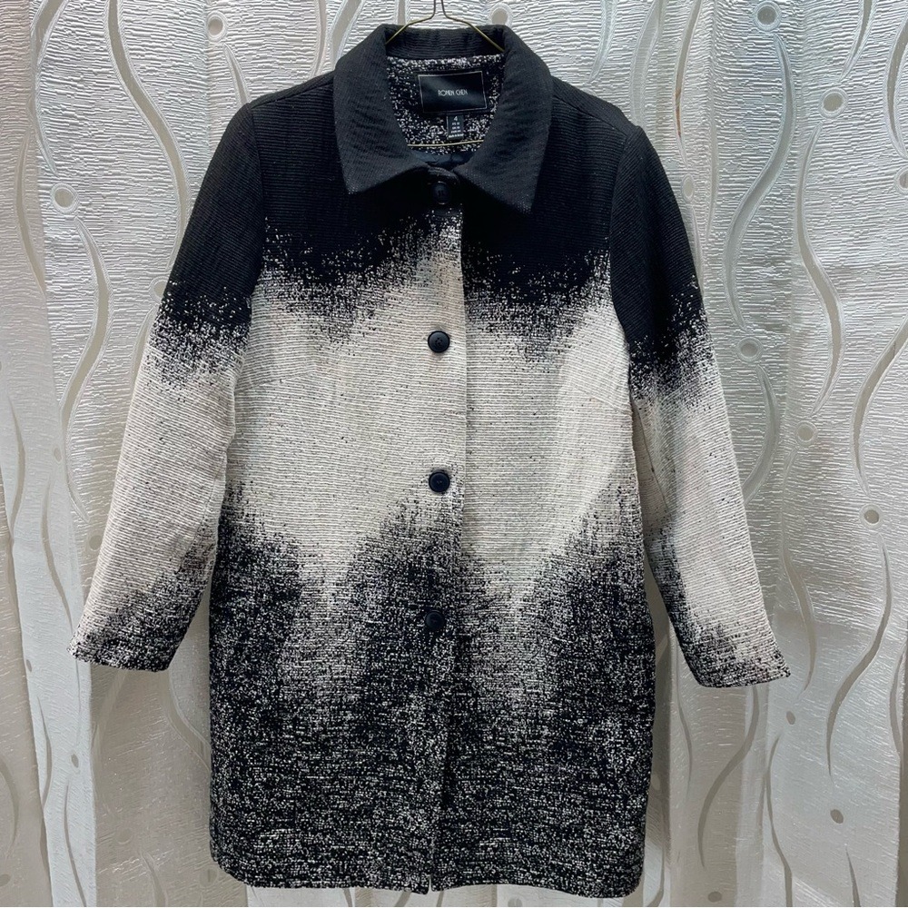 Ronen Chen Ombre Textured Coat Womens 12 Black‎ White Gray Israeli Designer